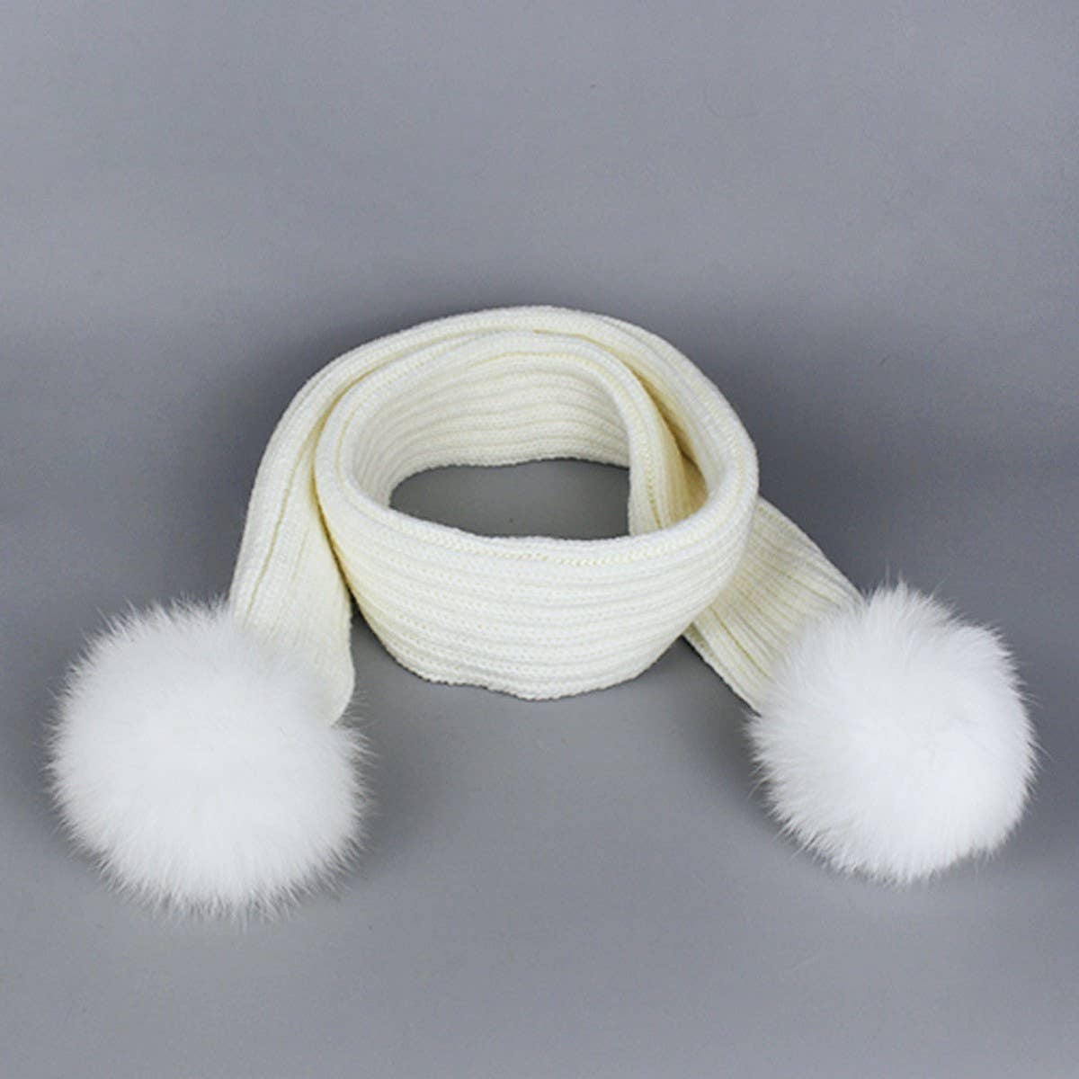 Winter Knit Scarf With Fox Fur Pom Poms_Cwasc03495