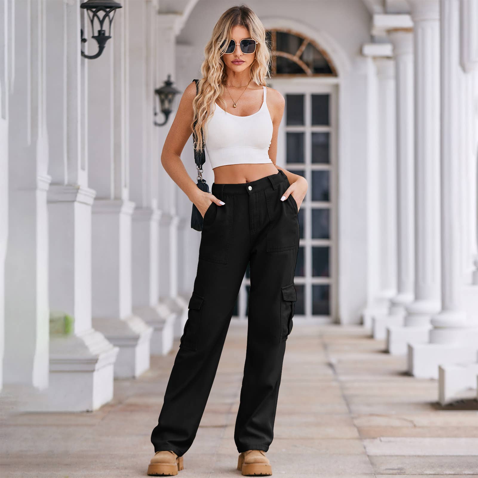 Washed Semi-Elastic-Waisted Denim Cargo Pants