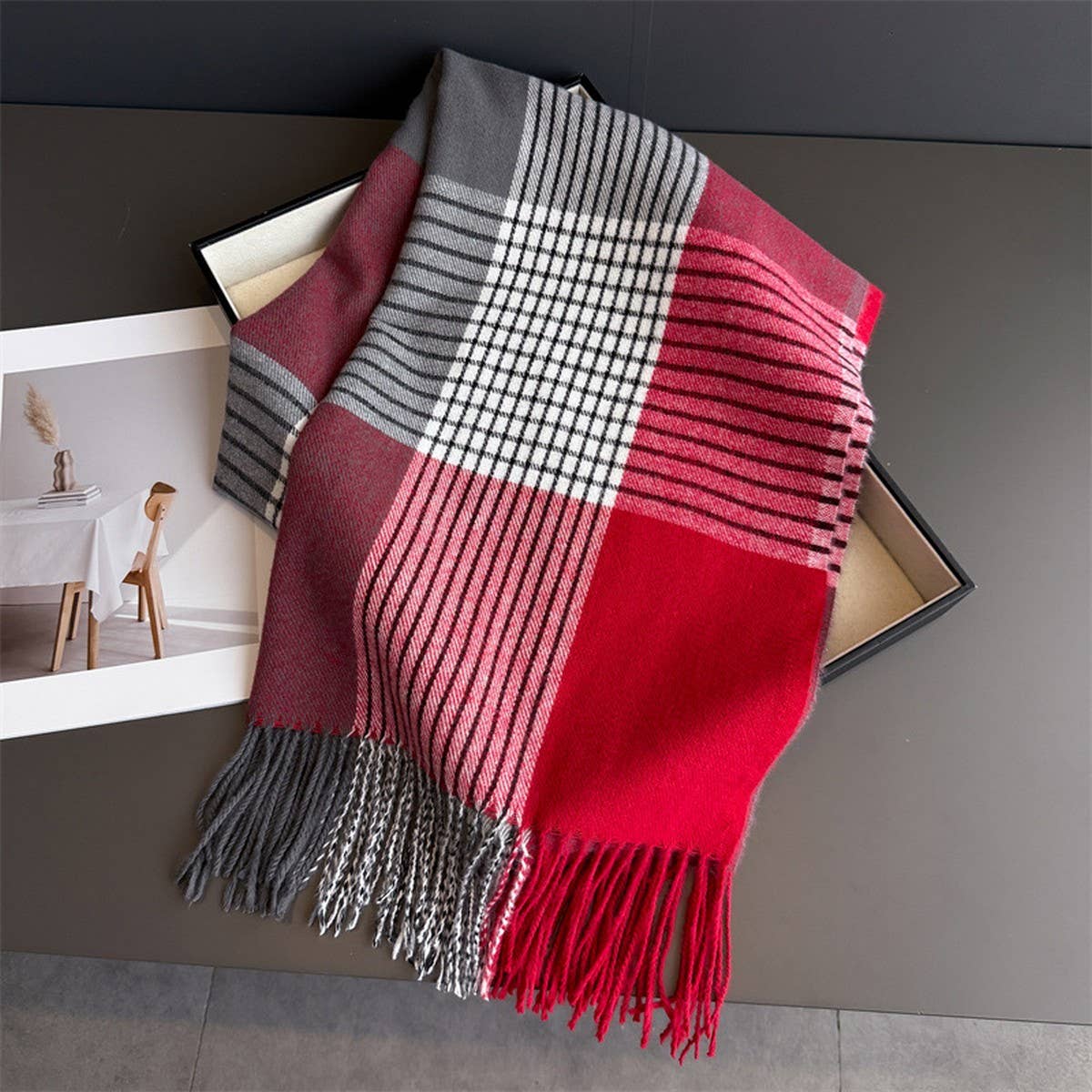 Colorblock Plaid Tassel Scarf Wrap For Winter_Cwasc03275