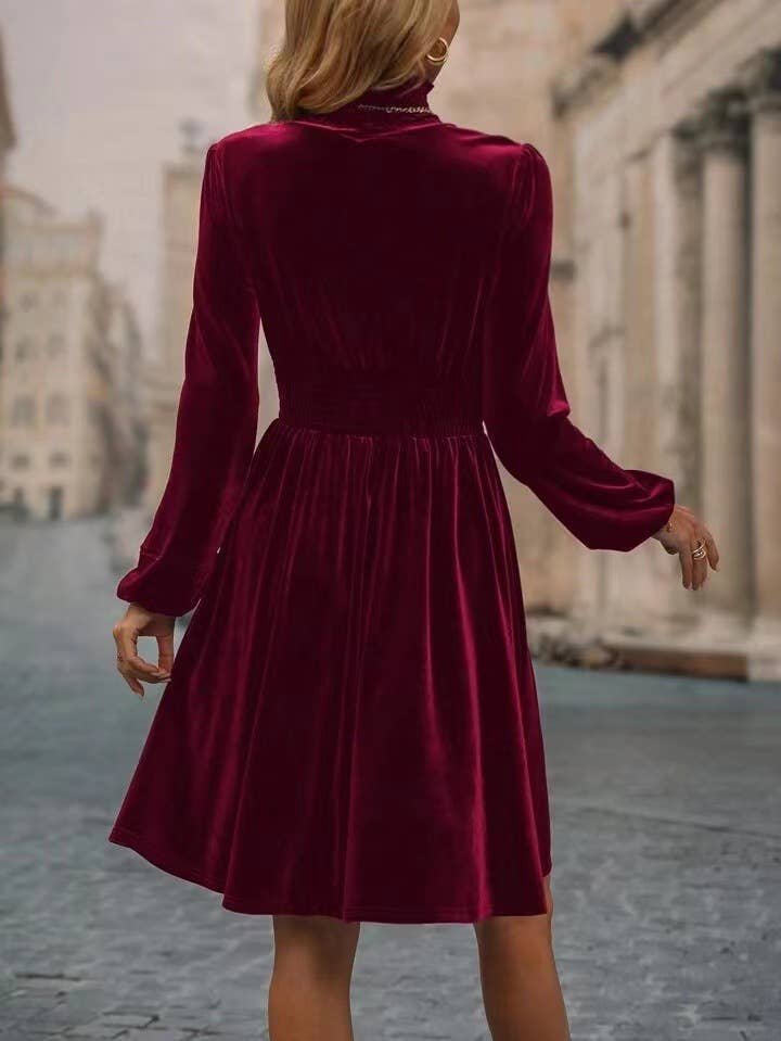 Velvet Long-Sleeved Dress With Waist Tucked