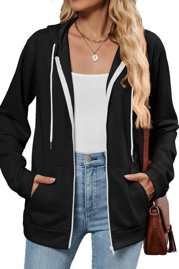 Cwocal00575_Contrast Color Zipper Hooded Pocket Sweatshirt