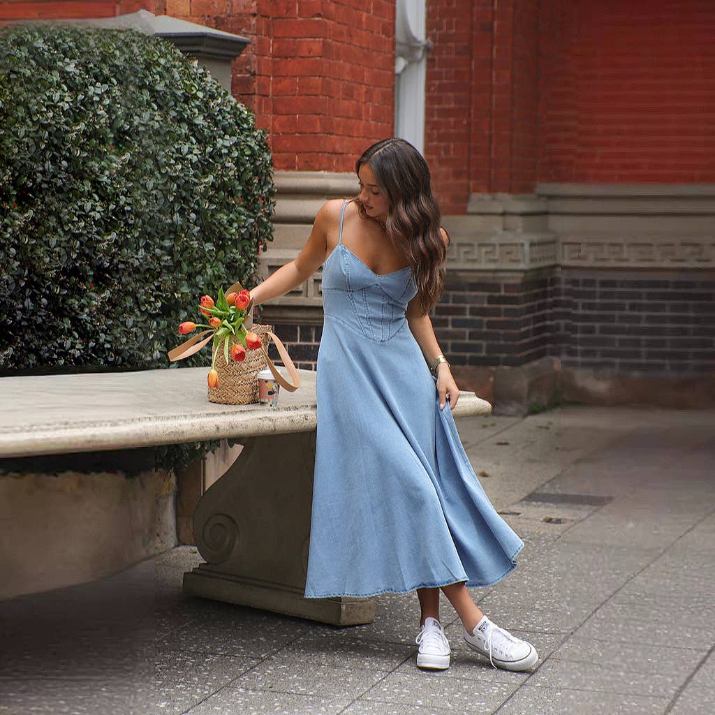 V-Neck Halter Strap Elastic Denim Long Dress