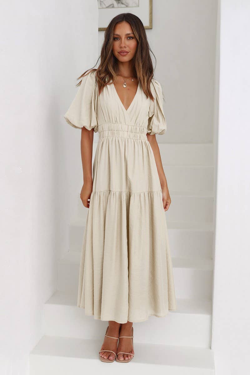 Solid Color Dark V Lantern  Sleeve Dress