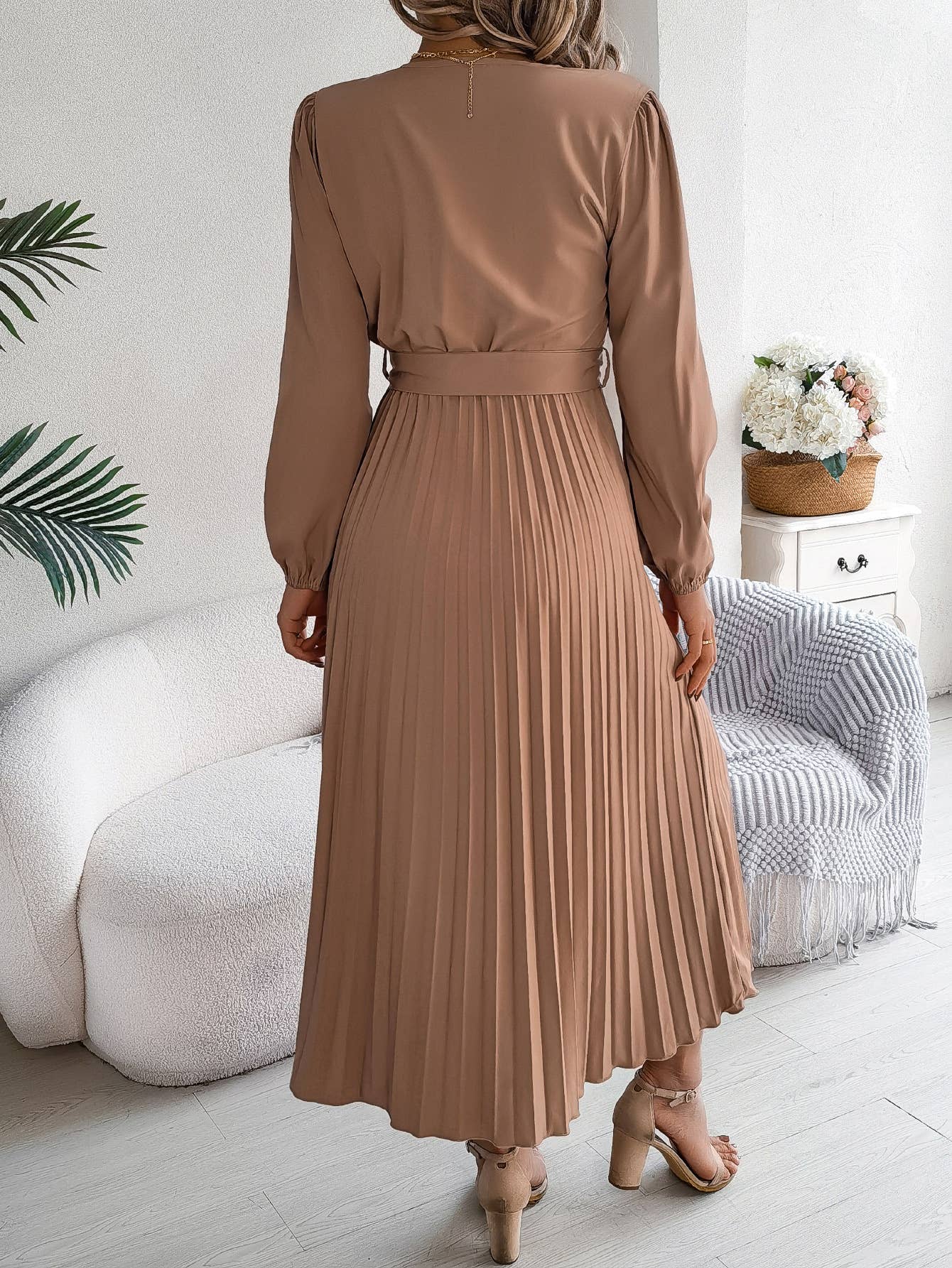 V-Neck Button-Up Long Pleated Dress