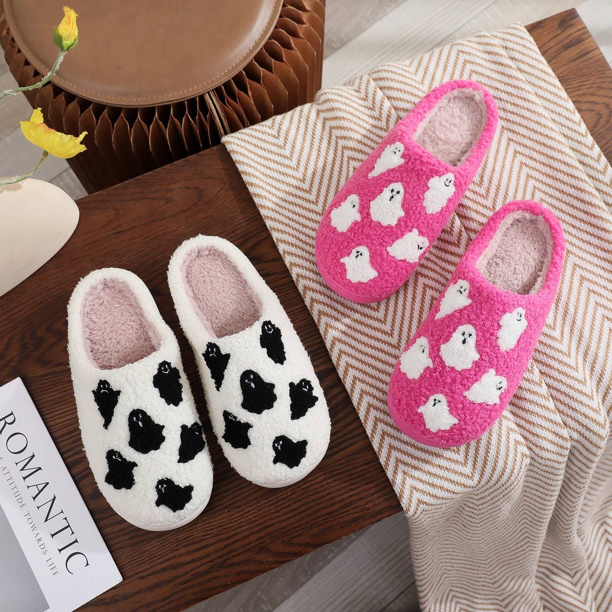 HALLOWEEN INDOOR SLIPPERS FUZZY GHOST COUPLE SHOES_CWSHF0021