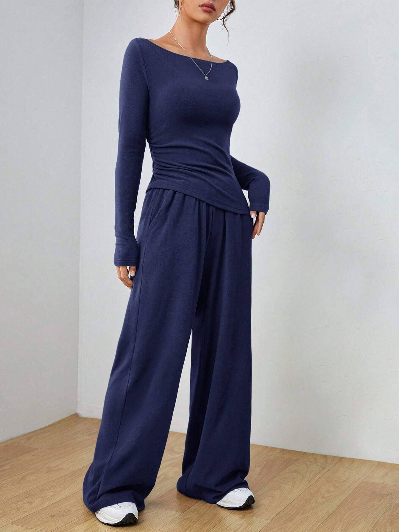 Solid-Color Long-Sleeved Wide-Leg Long Pants Set