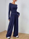 Solid-Color Long-Sleeved Wide-Leg Long Pants Set