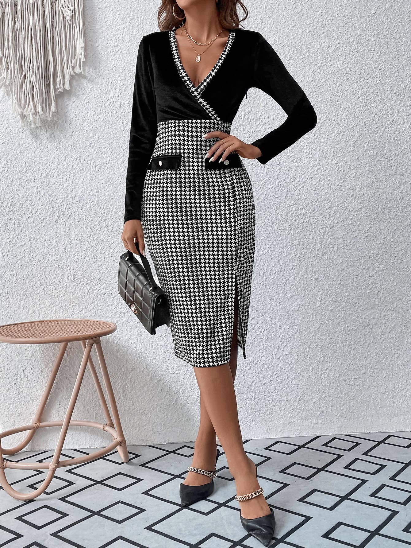 V-Neck Long Sleeve Plaid Midi With Hip Wrap