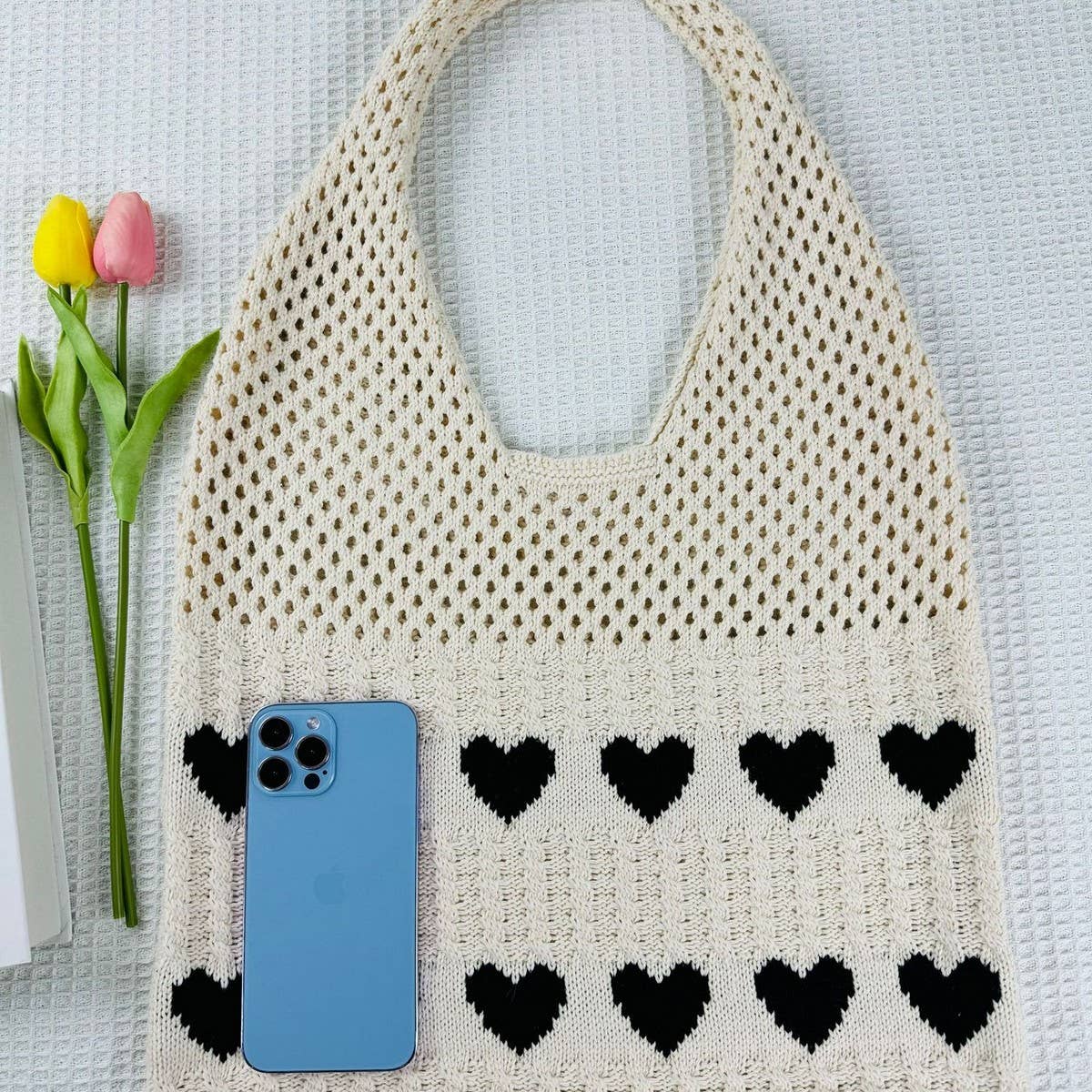 Cwab5068_Heart Pattern Woven Bag Large Capacity Tote Bag