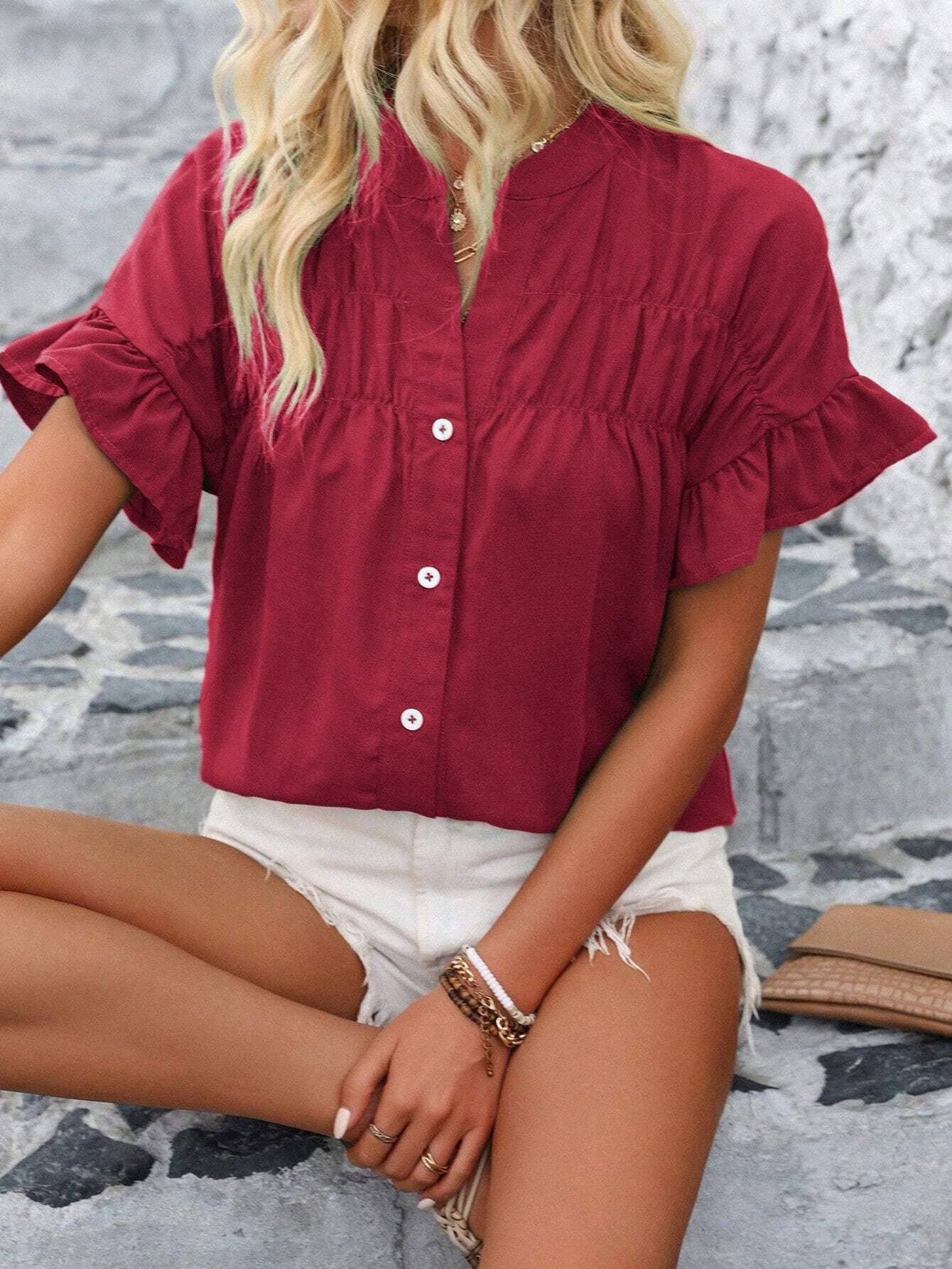 Womens Casual Pleated Button-Down Linen Shirt