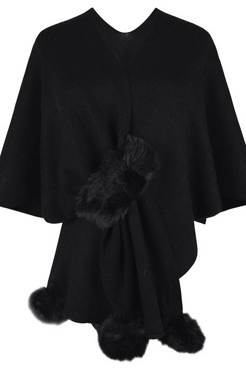 Cwocas0052_Solid Color Wool Ball Cape Knitted Shawl