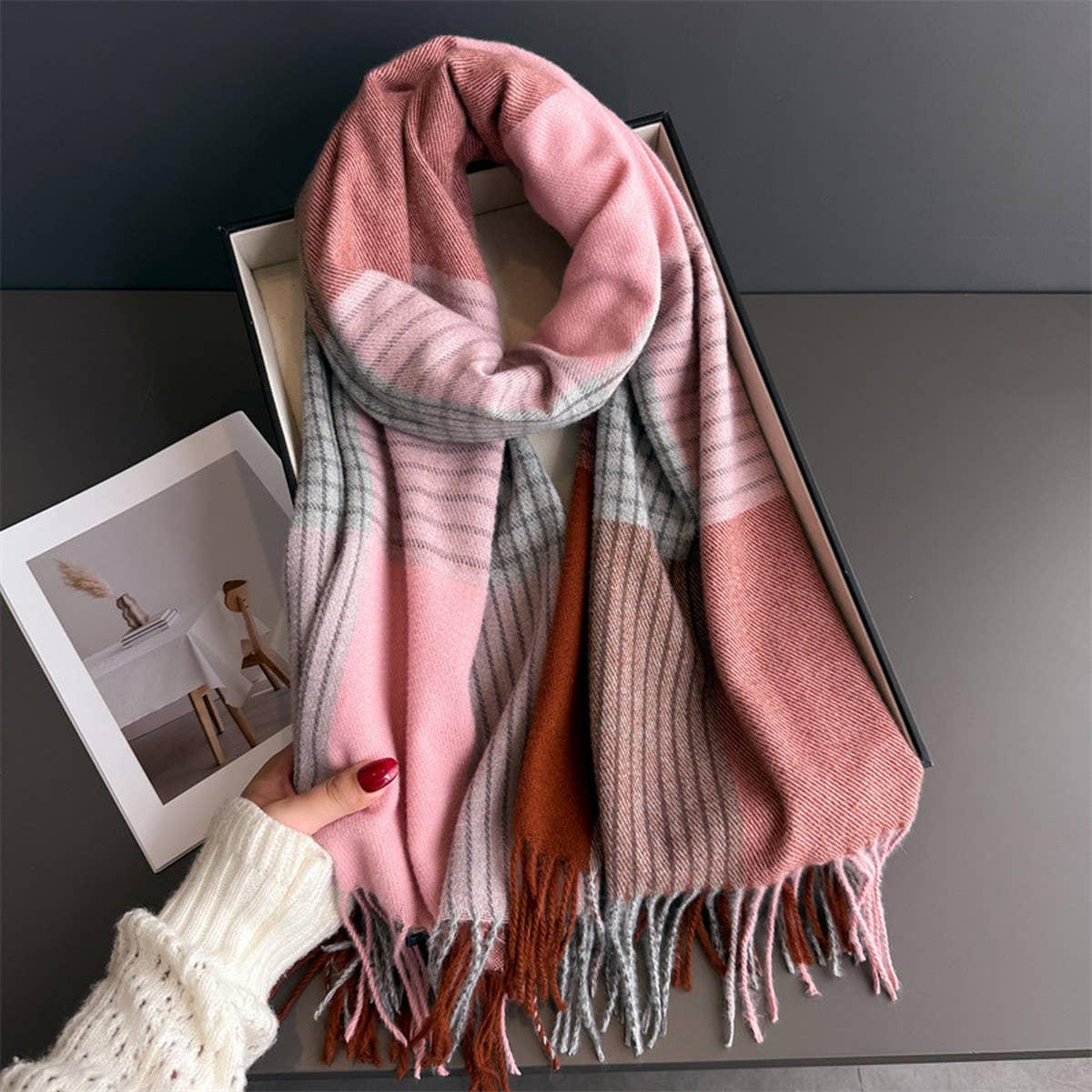 Colorblock Plaid Tassel Scarf Wrap For Winter_Cwasc03275