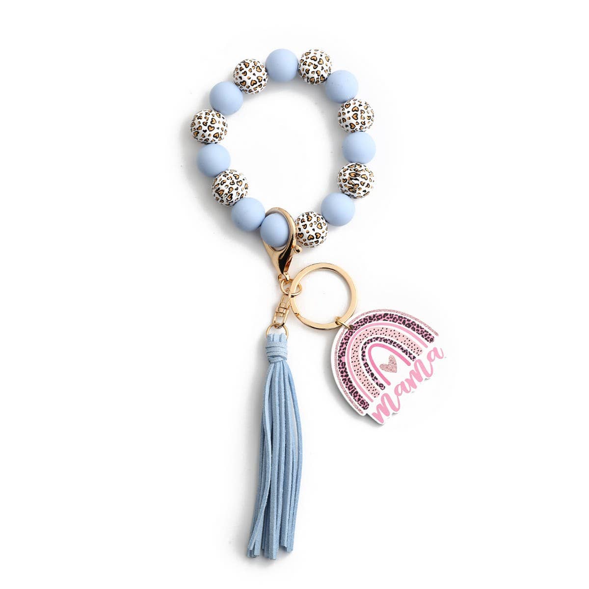 LEOPARD WOOD BEAD BRACELET HEART KEYCHAIN_CWAB5075