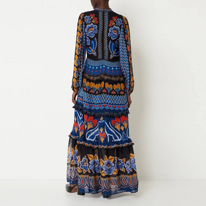 Vintage Long-Sleeved Printed Cake Fashion Dress