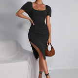 Square-Neck Pleated Body-Hugging Knitted Dress