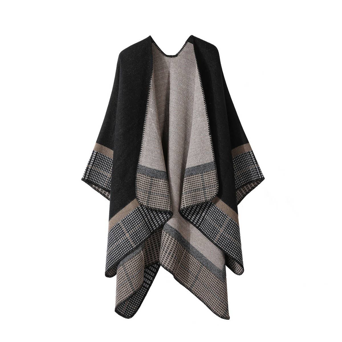 DOUBLE SIDED PLAID FAUX CASHMERE SHAWL CAPE_CWASC2137