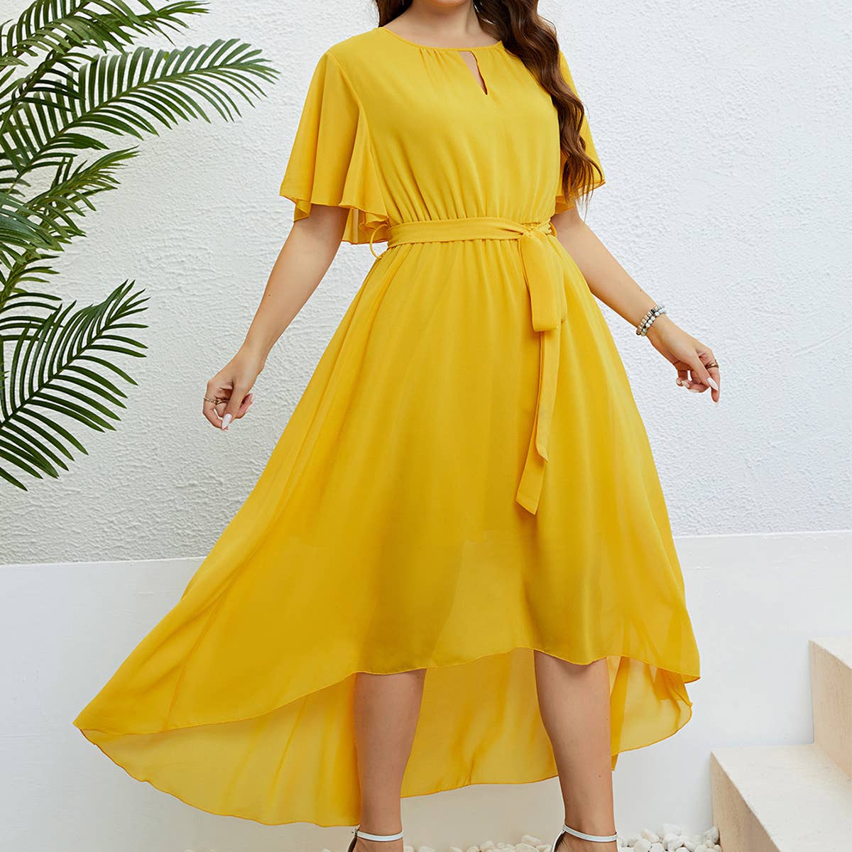 Yellow V Neck Tie Waist Up Dress_Cwdmd1491
