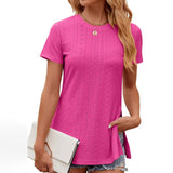 Solid Color Crew Neck Short Sleeve Split Top_Cwtsts0145