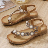 Women Bohemia Bling Rhinestone Pearl Flat Sandals