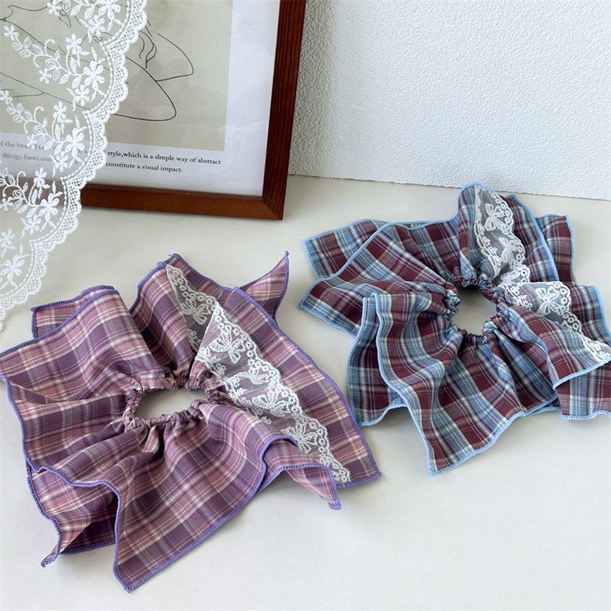 Vintage Plaid Scarf Layered Scrunchie Tie_Cwaha07671