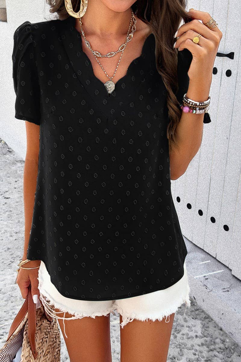 Solid Color V Neck Lotus Sleeve Top_Cwtsts0169