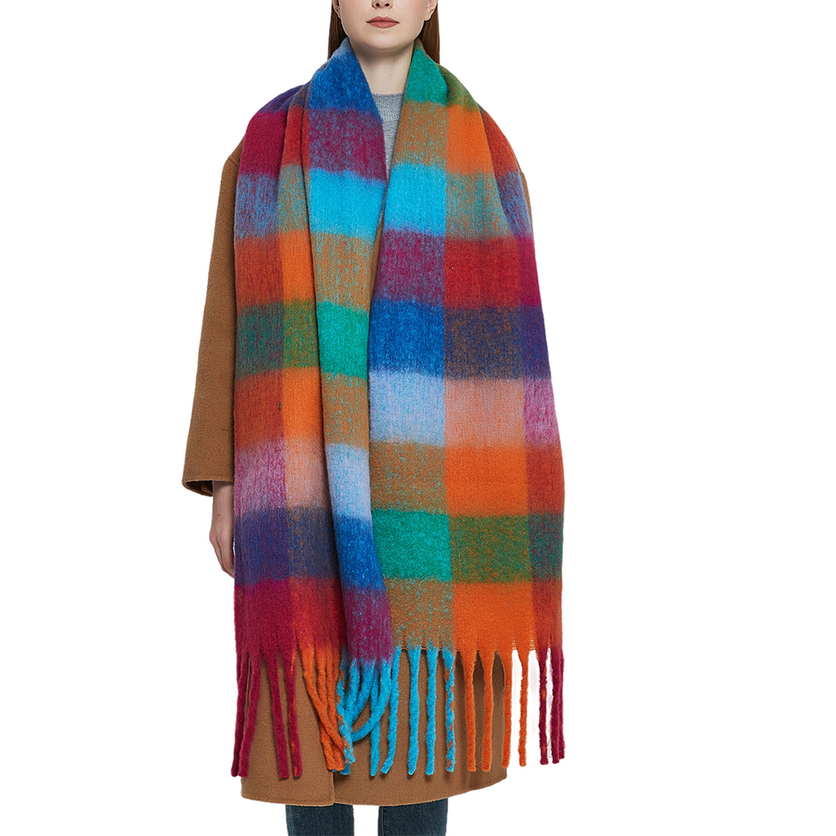 PLAID PATTERN FRINGE TRIM WINTER SCARF_CWASC2691