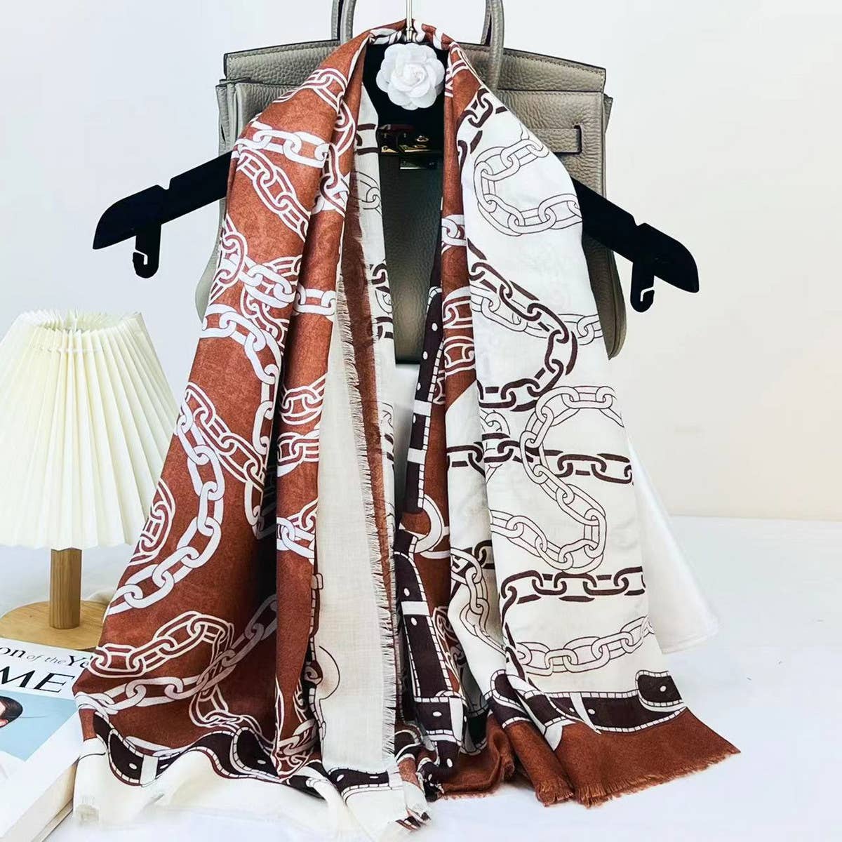 CHAIN PRINT SILK WOOL SCARF LUXURY TRAVEL SHAWL_CWASC0895