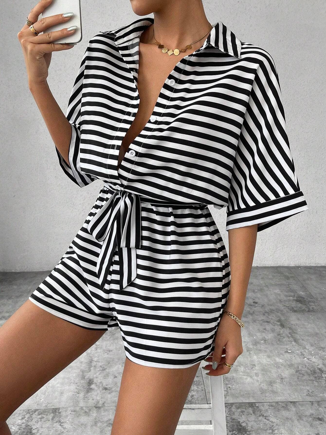 Womens Striped Buttoned Cardigan Romper