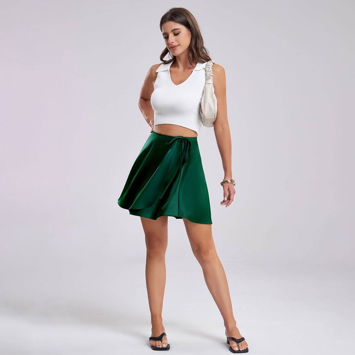 SATIN SKIRT HIGH WAIST TIE ONE PIECE A LINE SKIRT_CWBSS0386