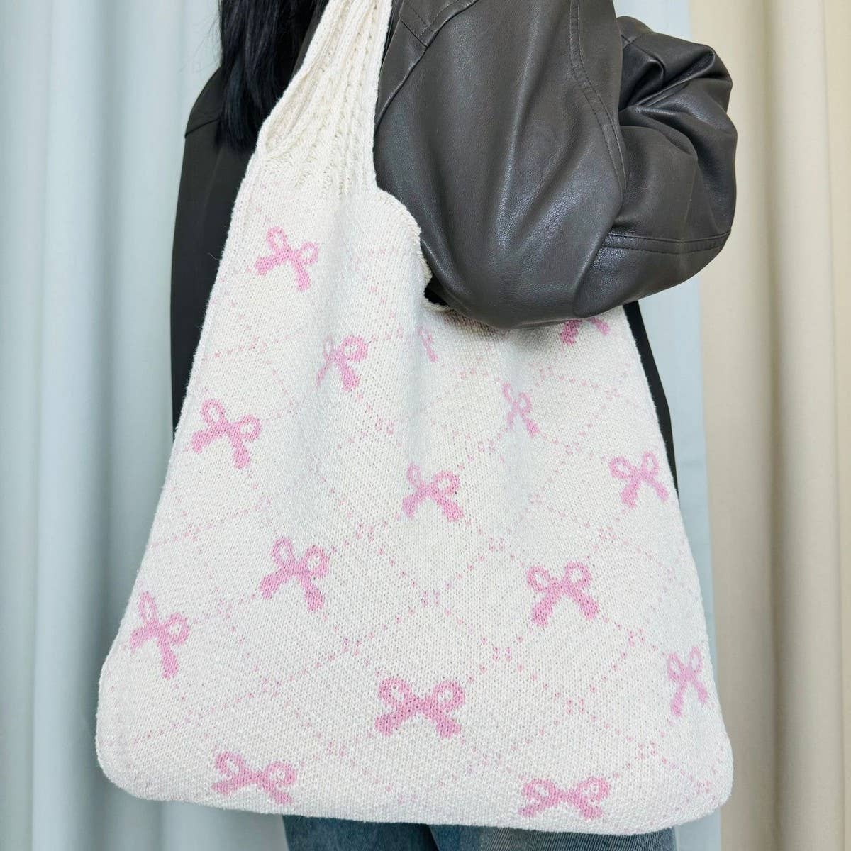Cwab4567_Bow Knit Large Capacity Tote Bag