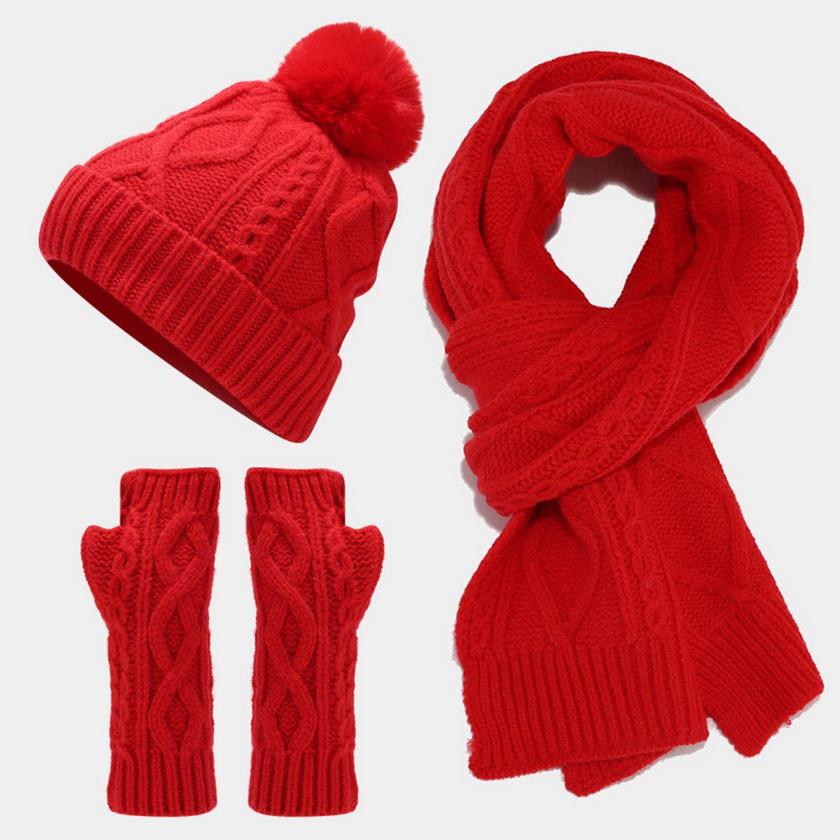 CABLE KNIT HAT SCARF AND GLOVES THREE PIECE SET_CWAH1580