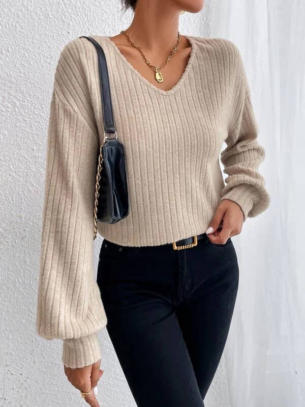 V-Neck Drop Shoulder Sleeved T-Shirt Loose Knit
