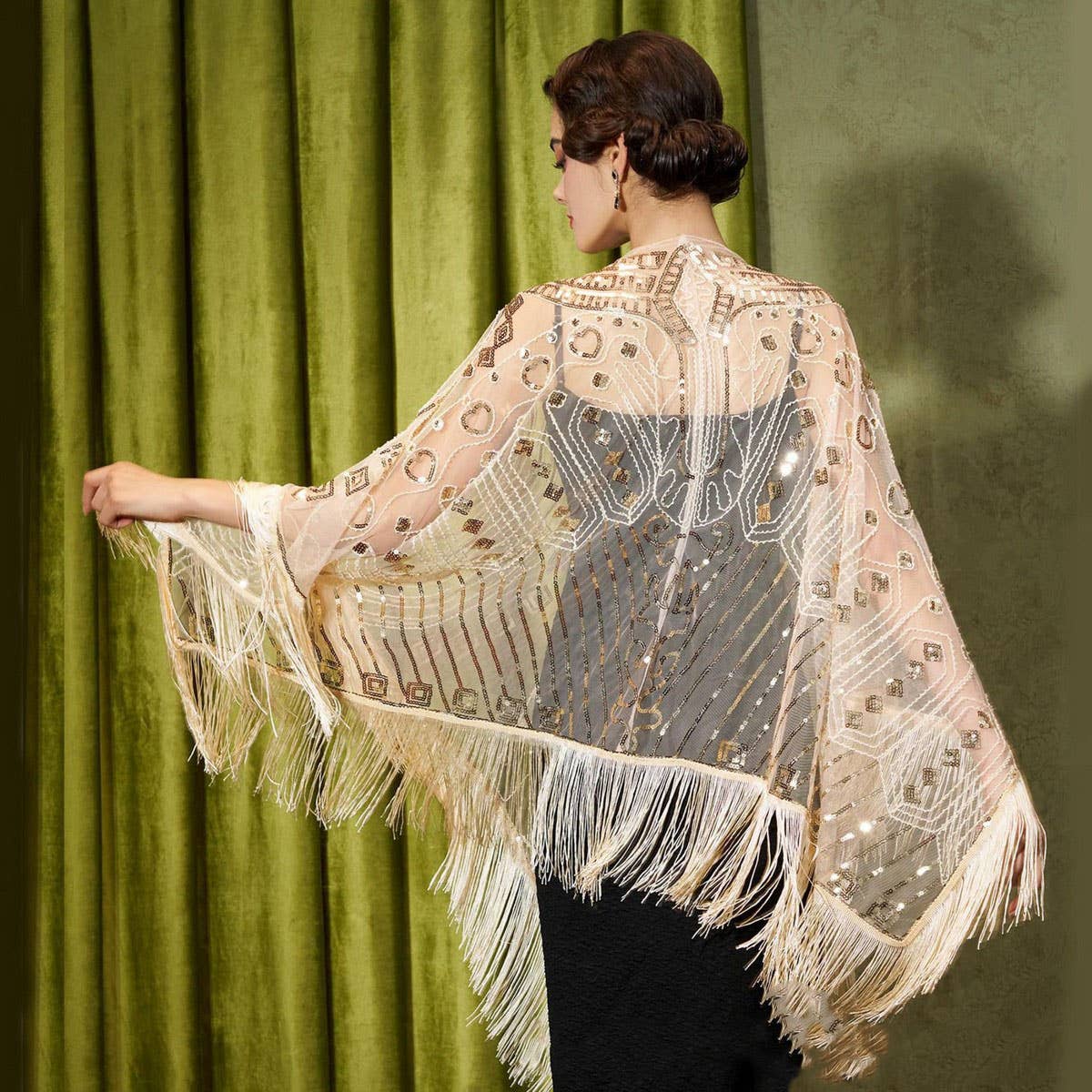 ELEGANT SHEER SEQUIN FRINGE WRAP FORMAL DRESS_CWMM8955