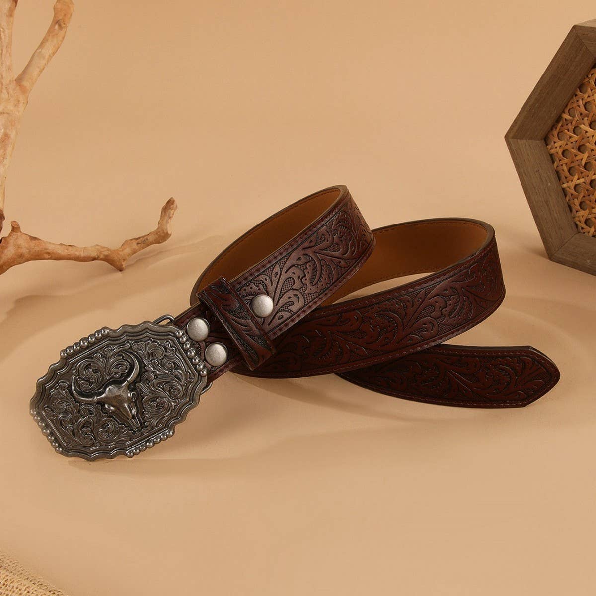 BULL HEAD CARVED VINTAGE DISTRESSED EMBOSSED BELT_CWMM3942