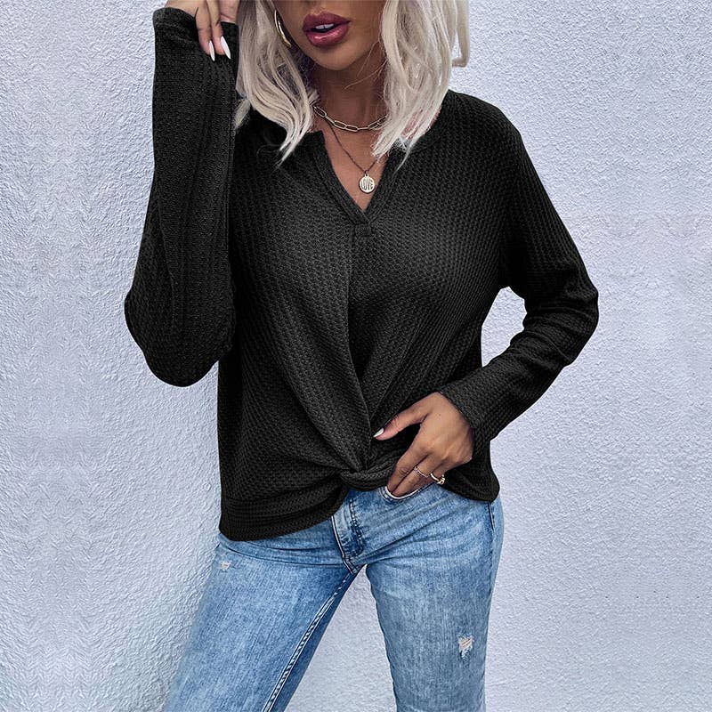 Waffle Knot Solid Color Long Sleeve Base Top