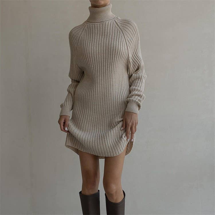 Thickened Striped Solid-Color Knitted Dress