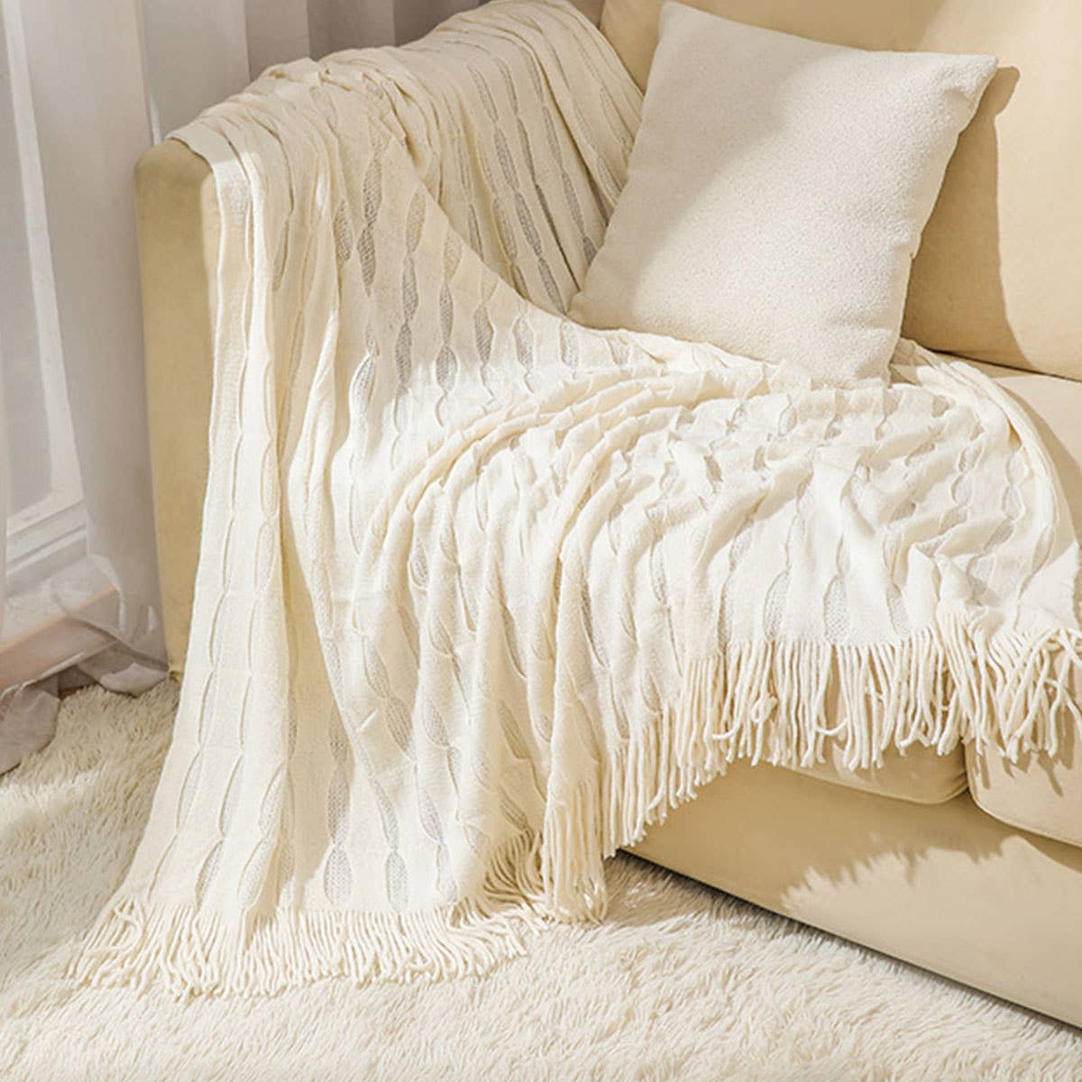 KNITTED THIN TASSEL SOFA BLANKET BED END BLANKET_CWMM0222