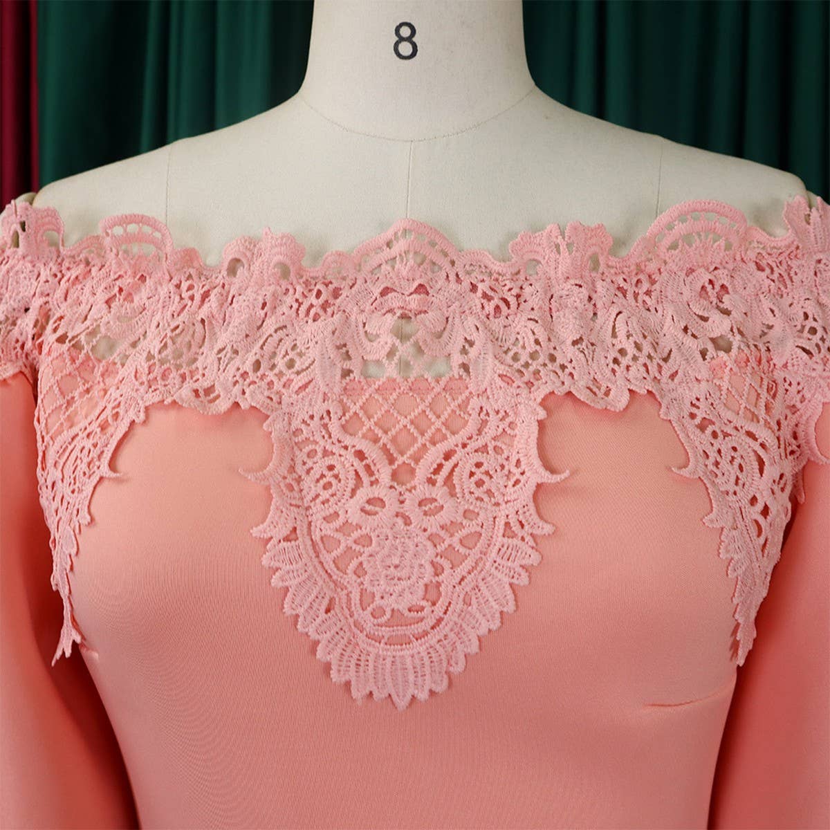 BOAT NECK LACE PATCHWORK LANTERN SLEEVE DRESS_CWDMD3683