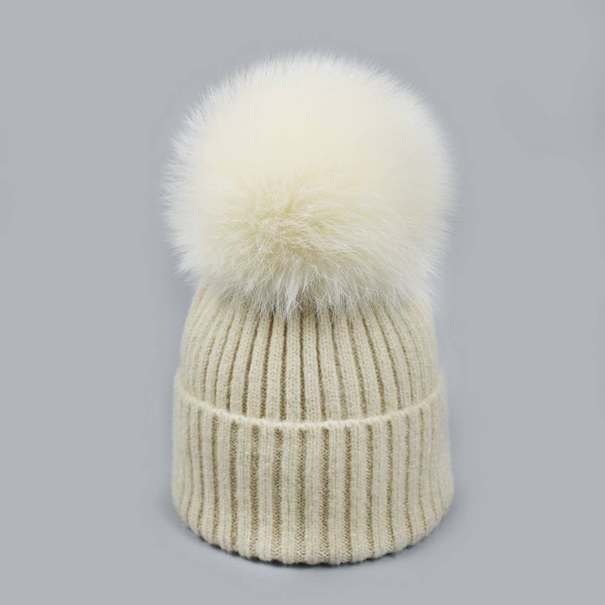 Winter Knit Beanie Hat With Fox Fur Pom For Women_Cwah05043