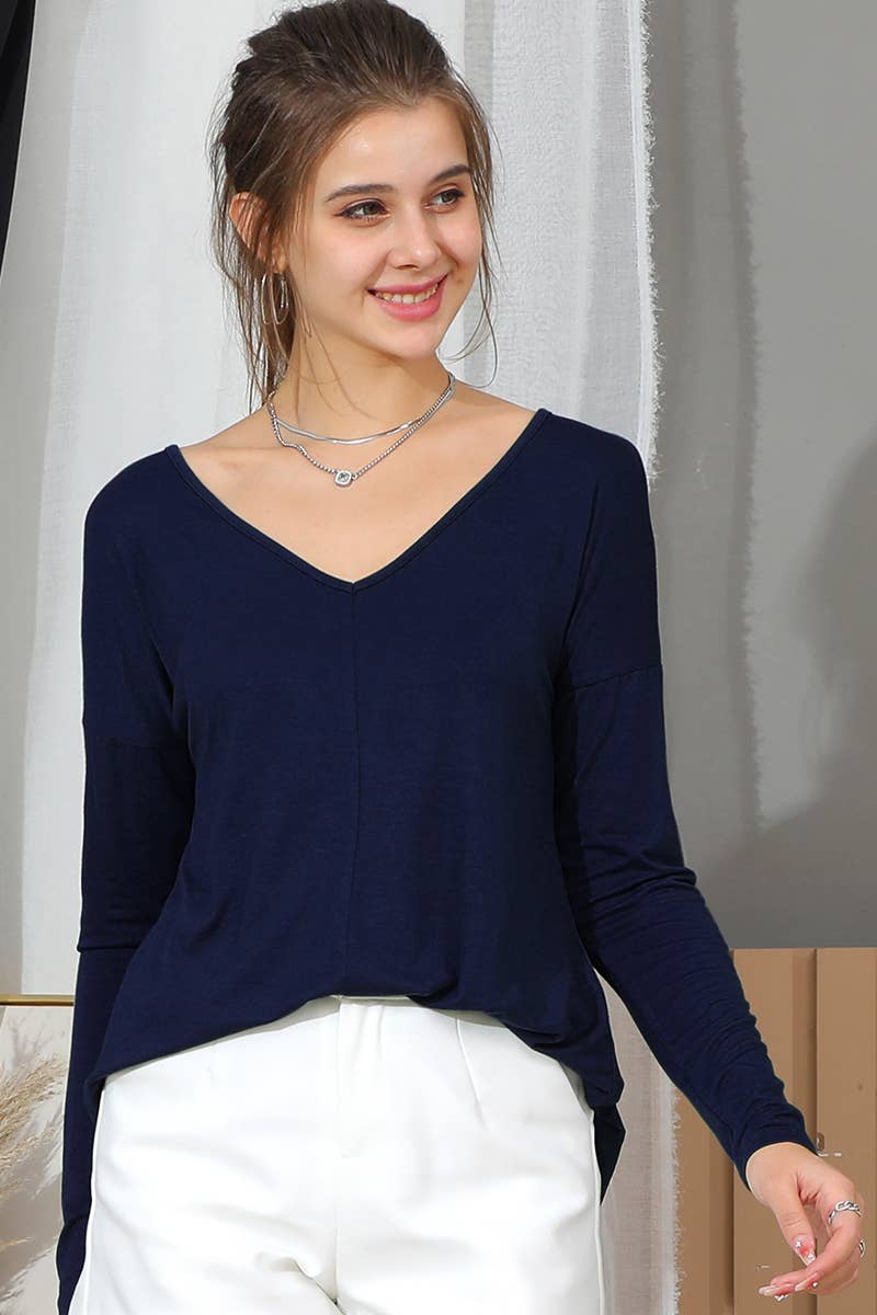 Solid V-Neck Long Sleeve T Shirt_Cwttl1444