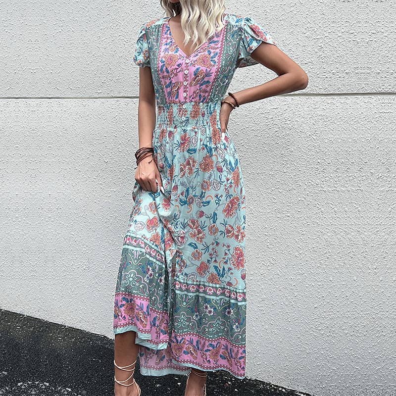 V-Neck Waist Flower Sleeve Slit Dress