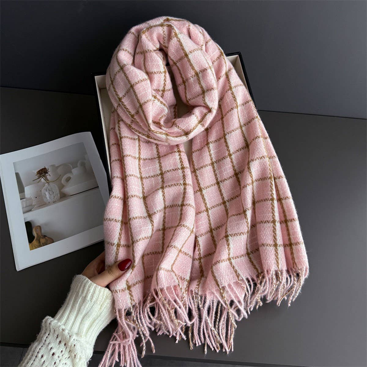 Vintage Plaid Winter Cashmere Feel Tassel Scarf_Cwasc03259