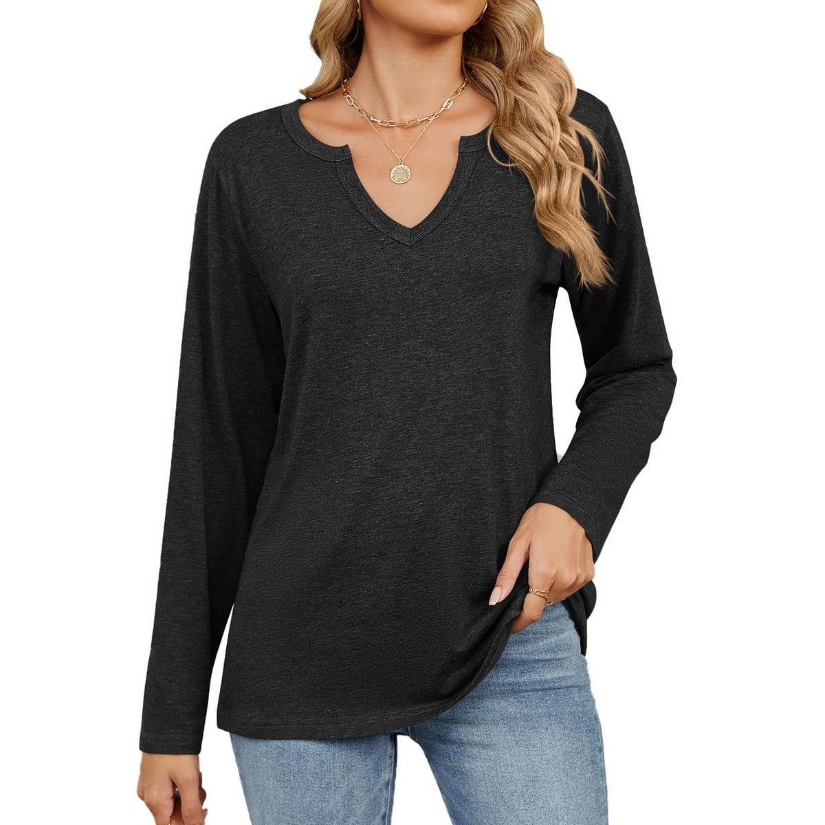V-Neck Color Cotton Long Sleeve Loose T-Shirt