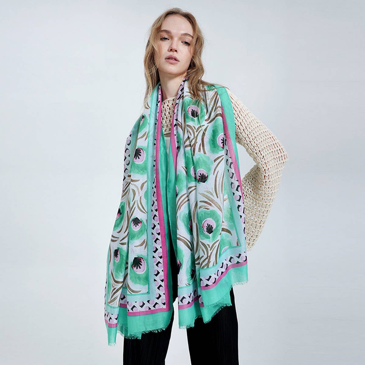 Floral Print Satin Scarf Spring Beach Wrap_Cwasc0681