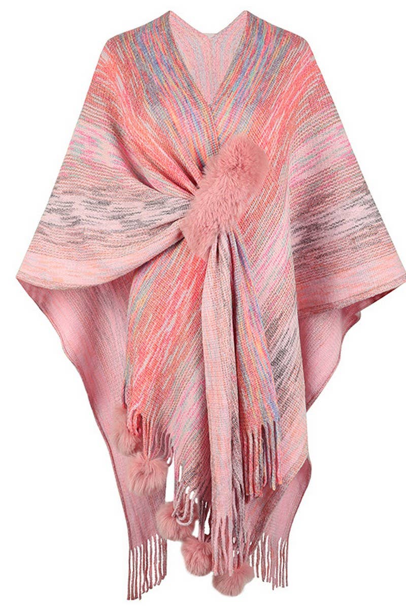 Cwocas0051_Contrast Color Pompom Tassel Knitted Shawl