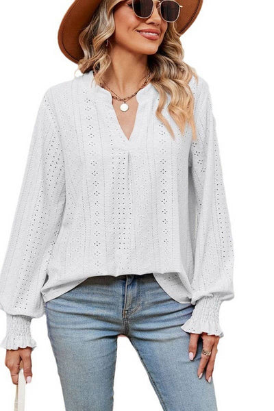 Cwtbll2377_Solid Color V-Neck Loose Long-Sleeved Pullover