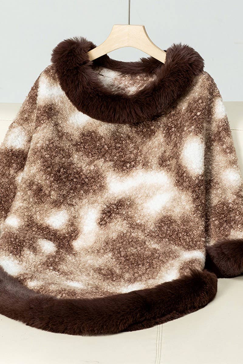 Cwosws0092_Leopard Print Knitted Cape With Fur Collar