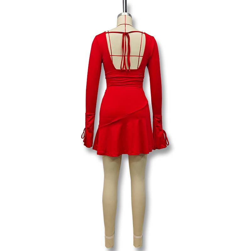 Solid Color Deep V Drawstring Pleated Dress