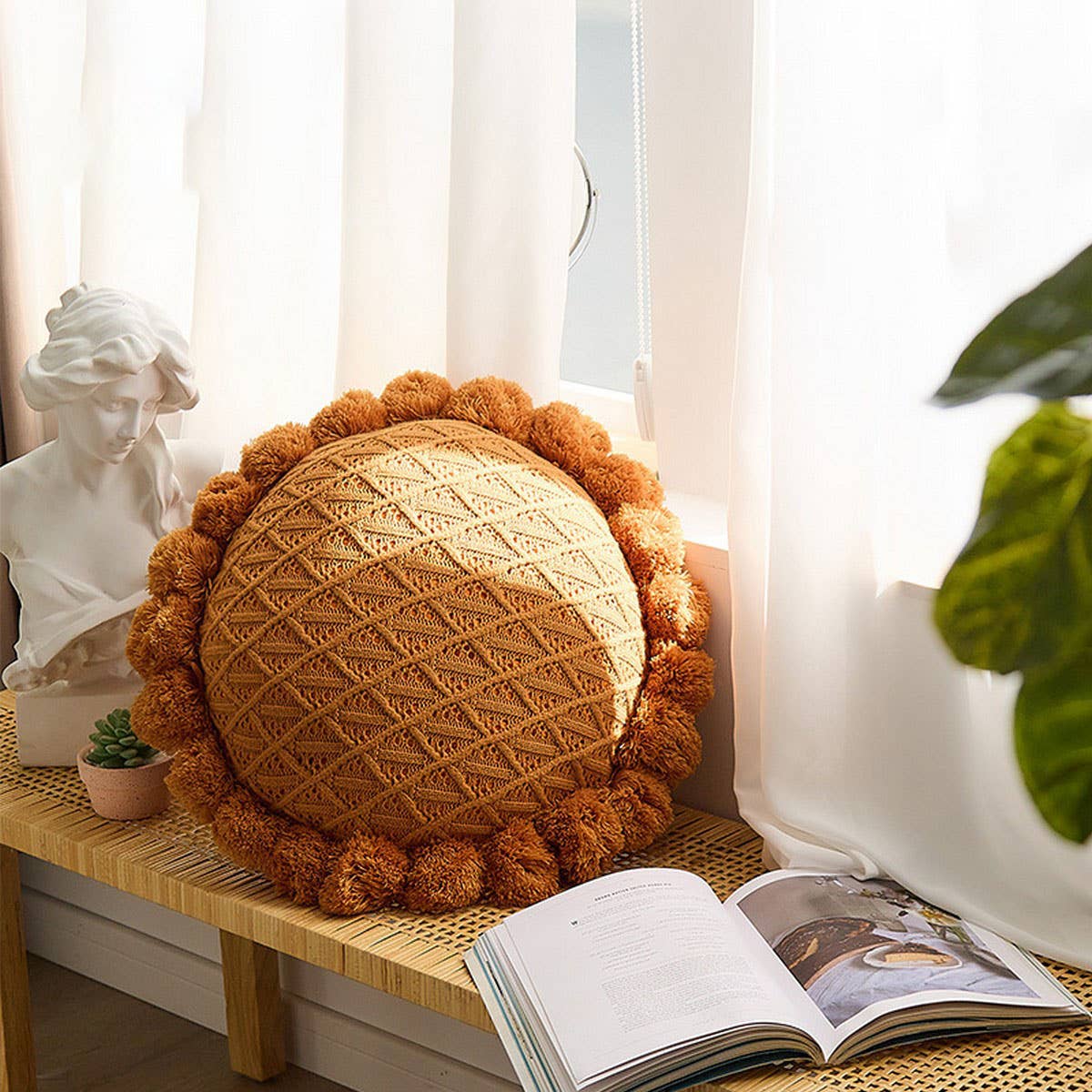SOLID COLOR ROUND WOOL BALL KNITTED THROW PILLOW_CWMM2365