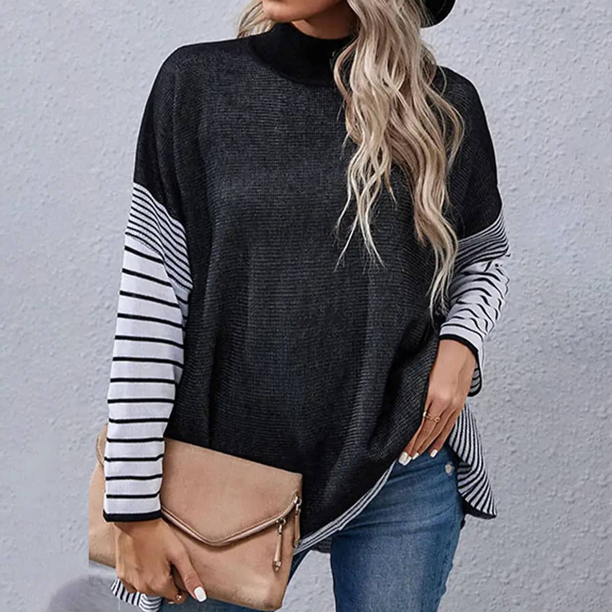 Women Striped Loose Pullover Sweater_Cwoswl1507